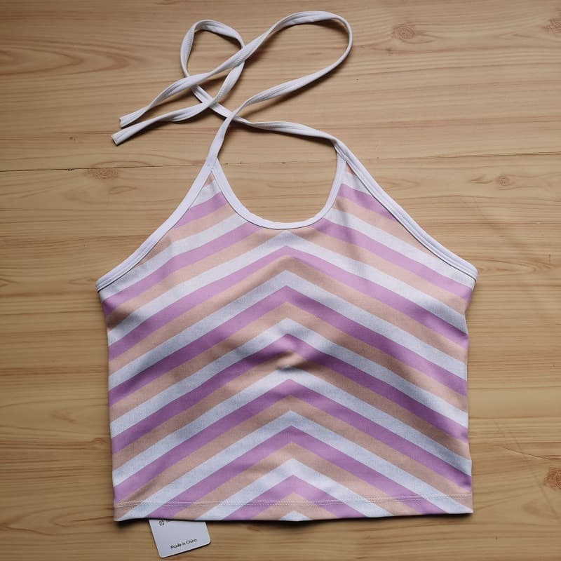 Strap Neck Strap Contrasting Printed Yoga Suit Sports Bra - Purple striped vest, S