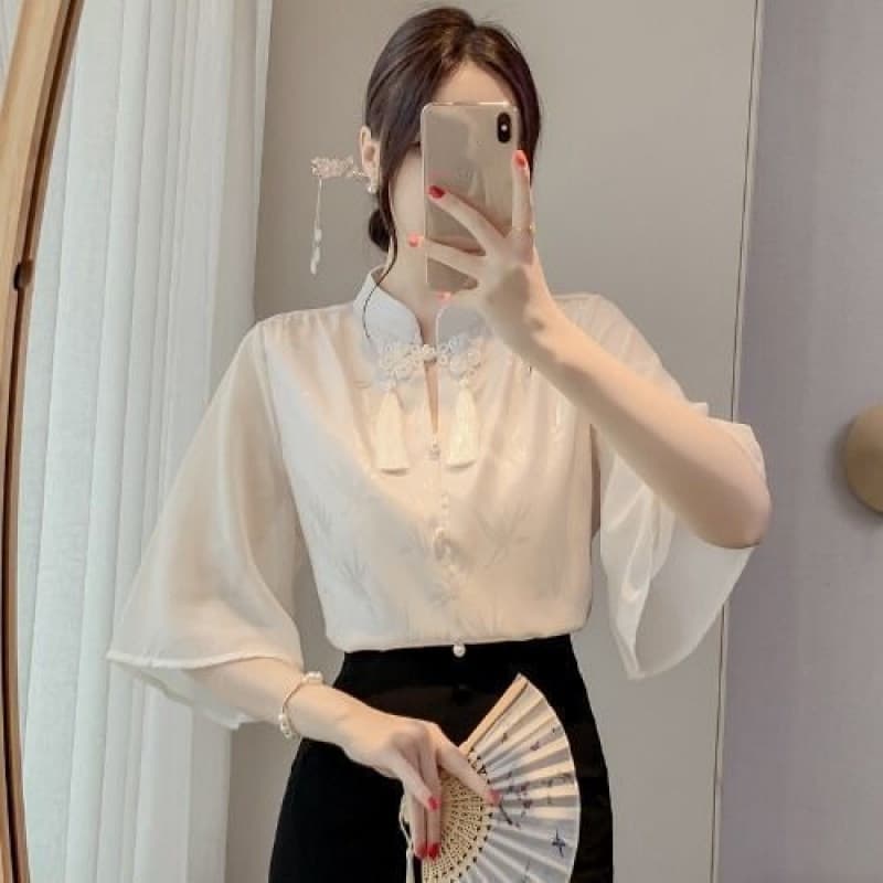 New Chinese Style Short Sleeve Shirt Women - Picture Color, M