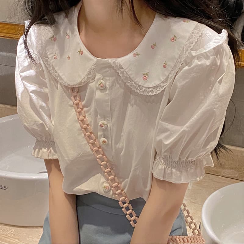 Doll Collar Shirt Female New Design Sense Niche Spring And Summer Short-Sleeved Japanese Top - White, S