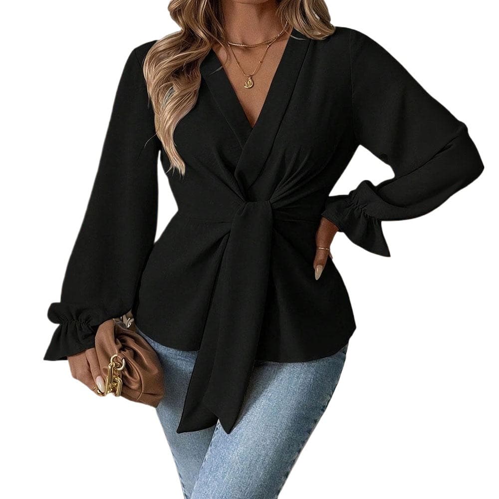 Black Tie V-neck Lantern Sleeve Long-sleeved Top - Black, 3XL