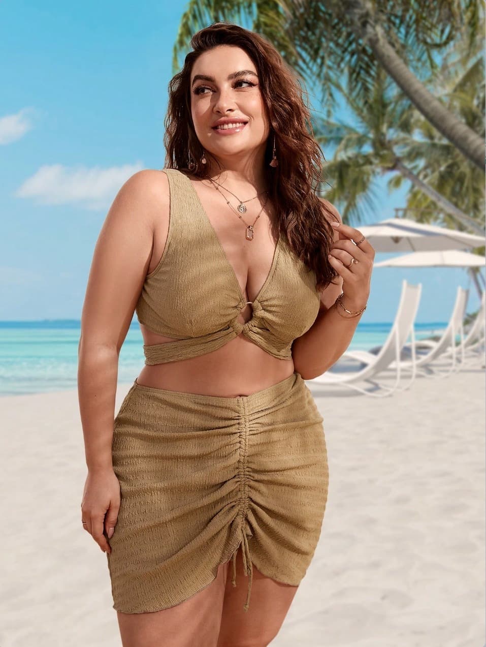 Women's Polyester Solid Color Loose Swimsuit Suit - Brown, L