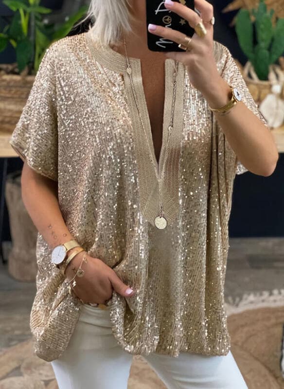 Loose Sequined V-neck Short-sleeved Casual Shirt - Coffee, 2XL