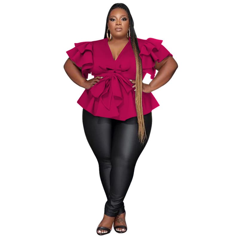 Women's Casual All-Match V-Neck Ruffle-Sleeve Pleated Blouse Top - Rose Red, 4XL