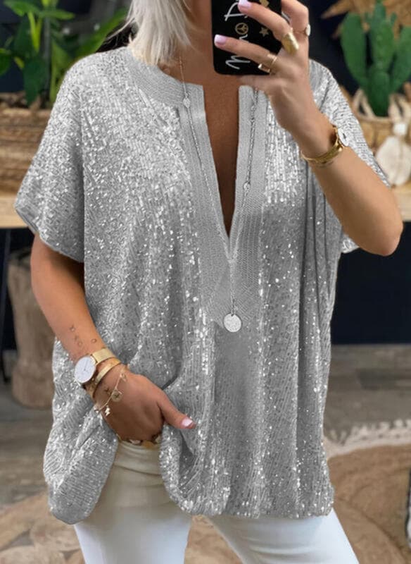 Loose Sequined V-neck Short-sleeved Casual Shirt - Grey, 3XL