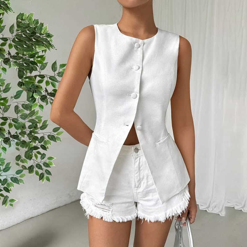 Sleeveless Button Round Neck Elegant Vest - White, S