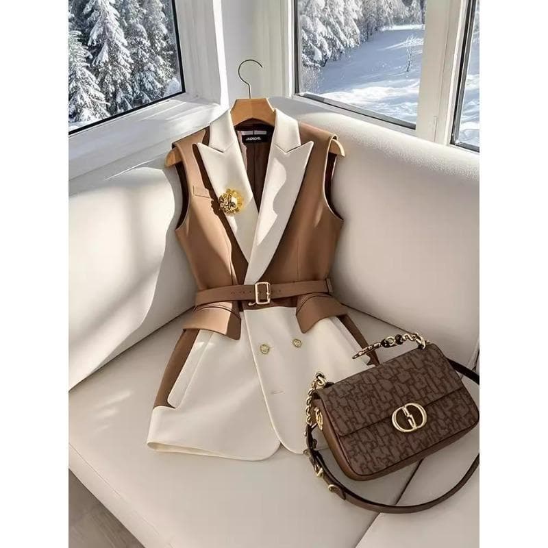 Women's Fashionable Patchwork Suit Vest - Brown, 3XL