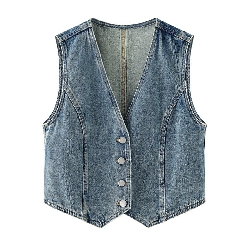 Autumn New Women's Single-breasted V-neck Casual Short Coat - Denim Blue, S