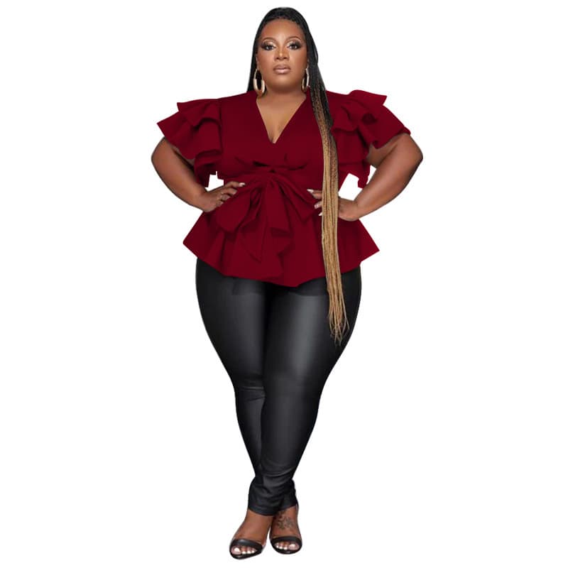 Women's Casual All-Match V-Neck Ruffle-Sleeve Pleated Blouse Top - Wine Red, 3XL