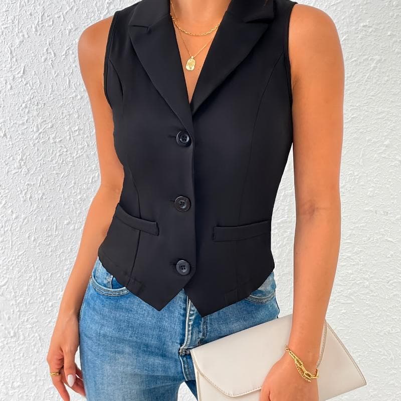 Solid Color Single Breasted Vest Elegant Slim Sleeves - BLACK, S