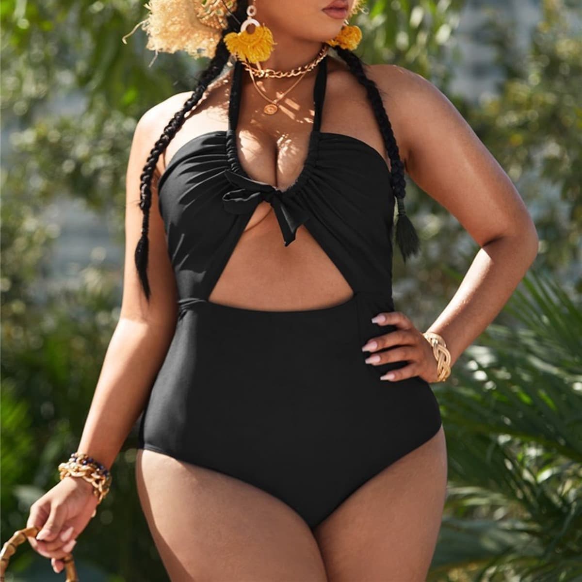 Plus Size Swimsuit One Piece Green Tie Dye Print Swimwear - Black, 1XL