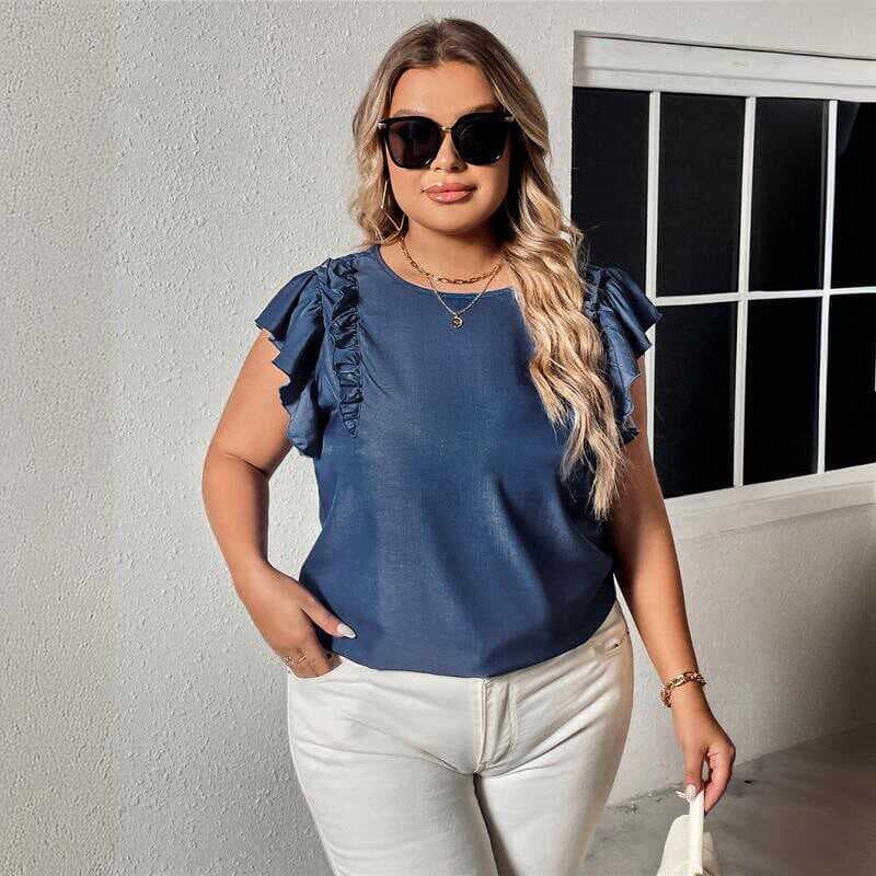 Stylish Loose-fitting T-shirt With A Ruffled Hem For Women - Blue, 4XL