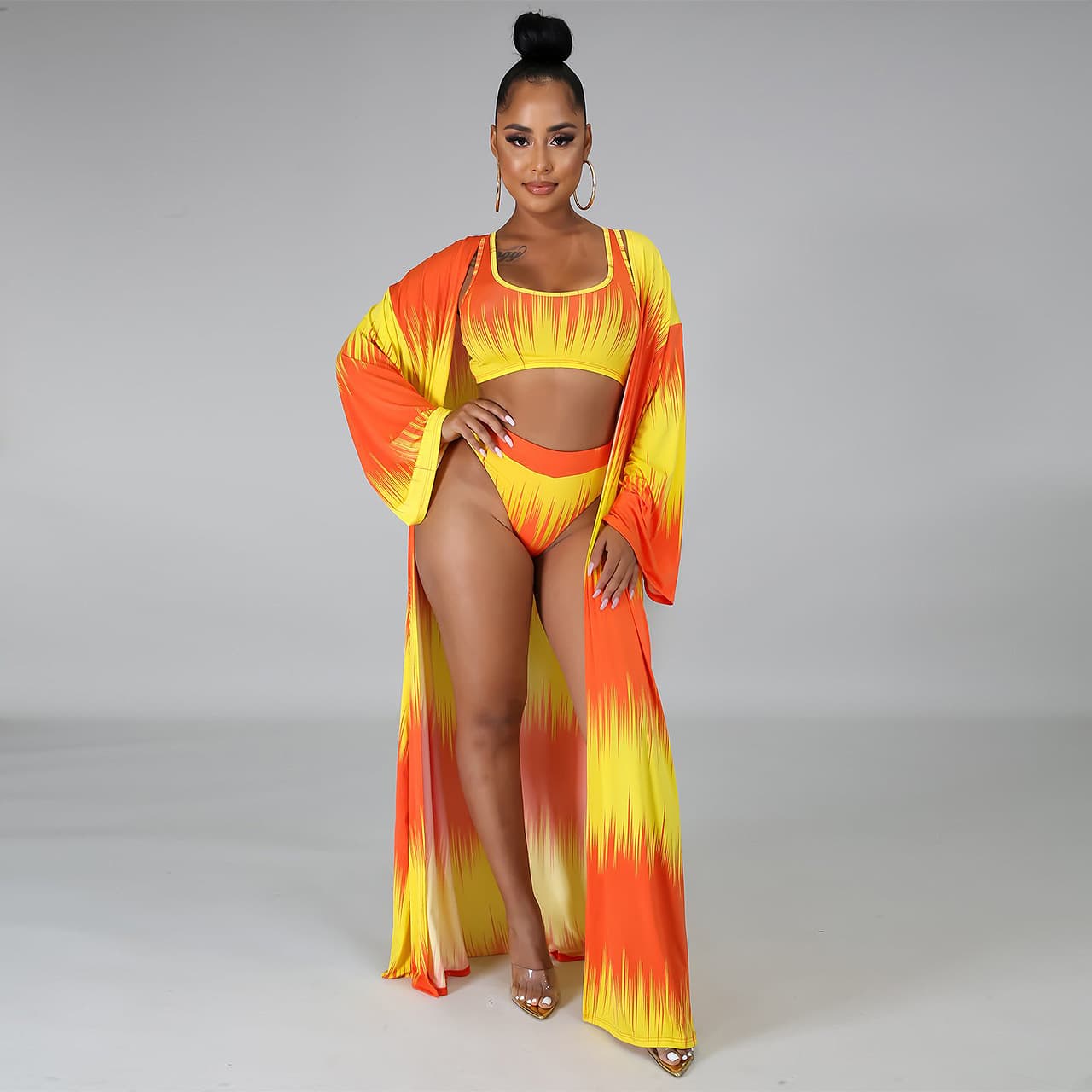 New Swimsuit Print Split Triangle Bikini Three-piece Set - Red, S