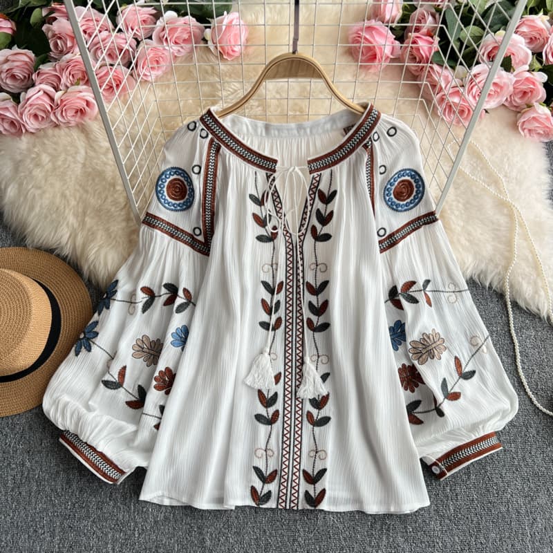 Women's Embroidered Crew-Neck Top With Lace-up Lantern Sleeves - White, Free Size