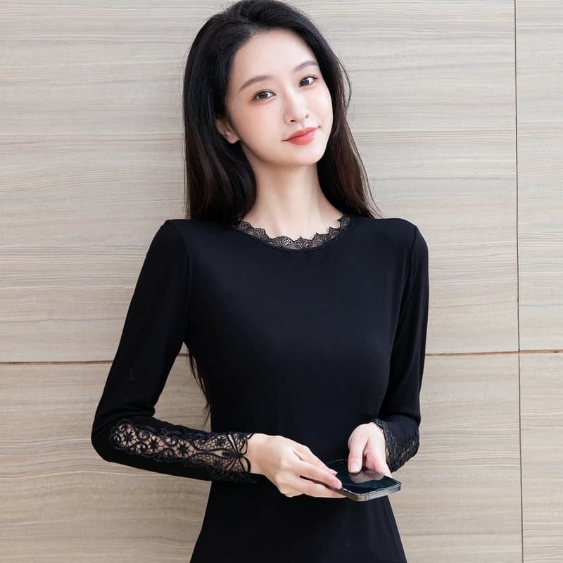 Womens Low-neckline Lace Black Top Thin Long-sleeve Design - Black, Average Size