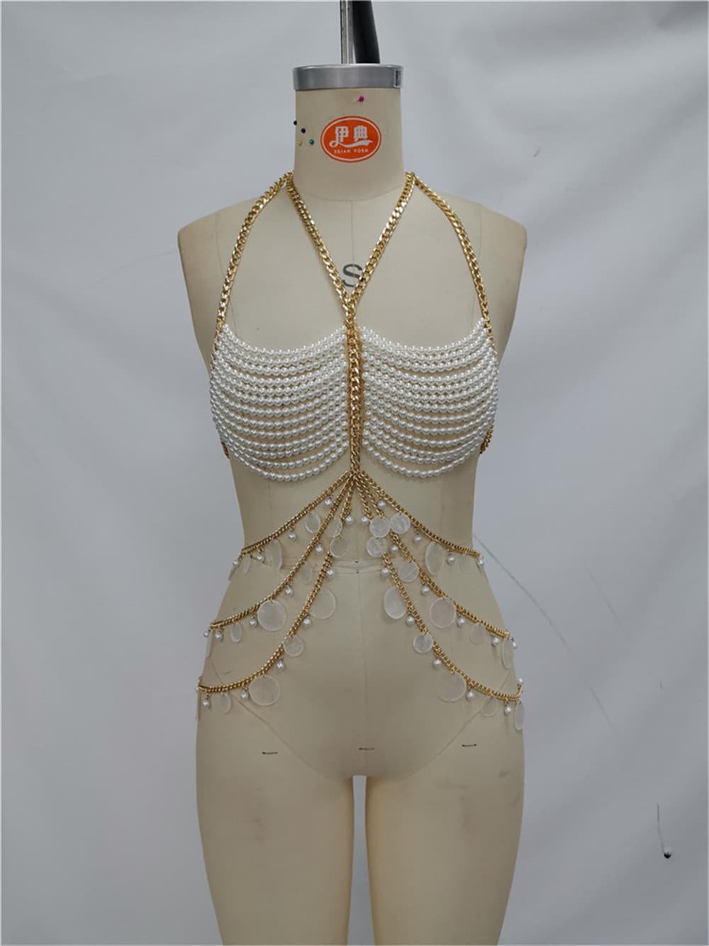 Pearl Chest Chain Body Chain Neck-hanging Vest - Beige, Free Size