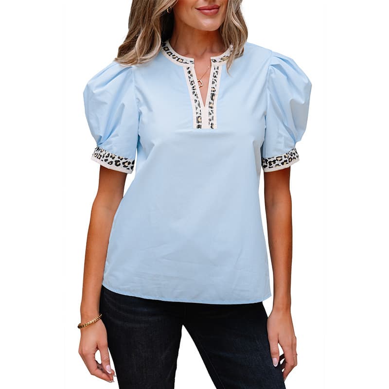 Pullover V-neck Puff Sleeve Chiffon Shirt - LC25132171P804, S