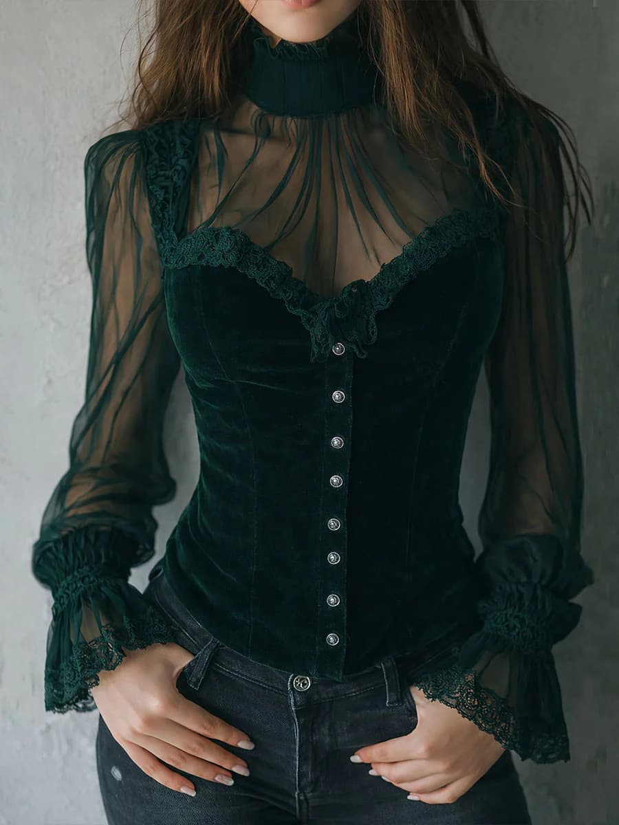 Mesh-panel Black Lace Top With Hollow-out Floral Trim - Dark Green, 3XL