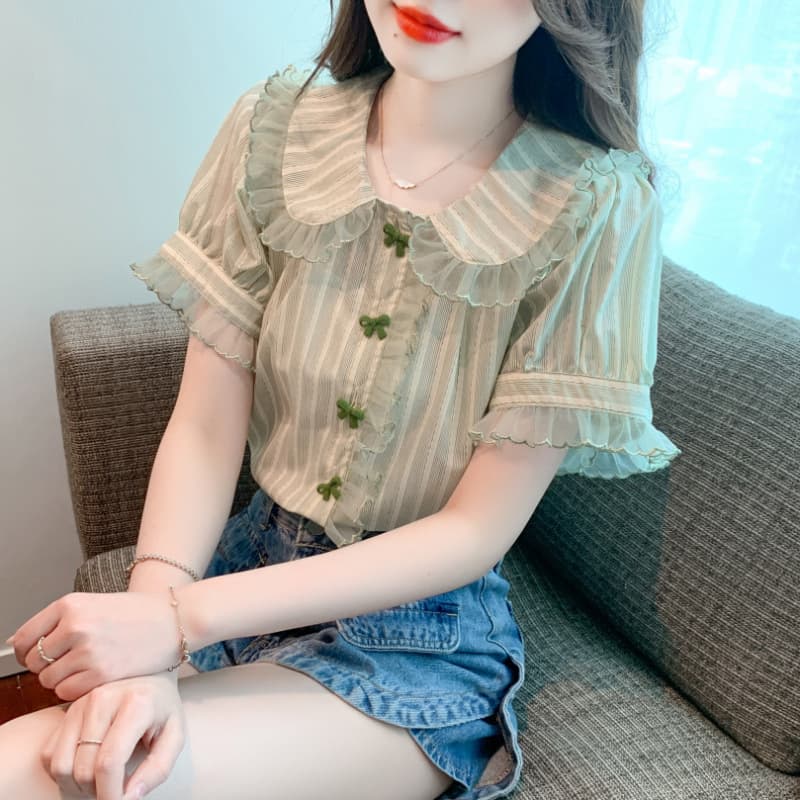 Doll Collar Bell Sleeve Lace Shirt Chiffon Shirt Top - Light Green, 2XL