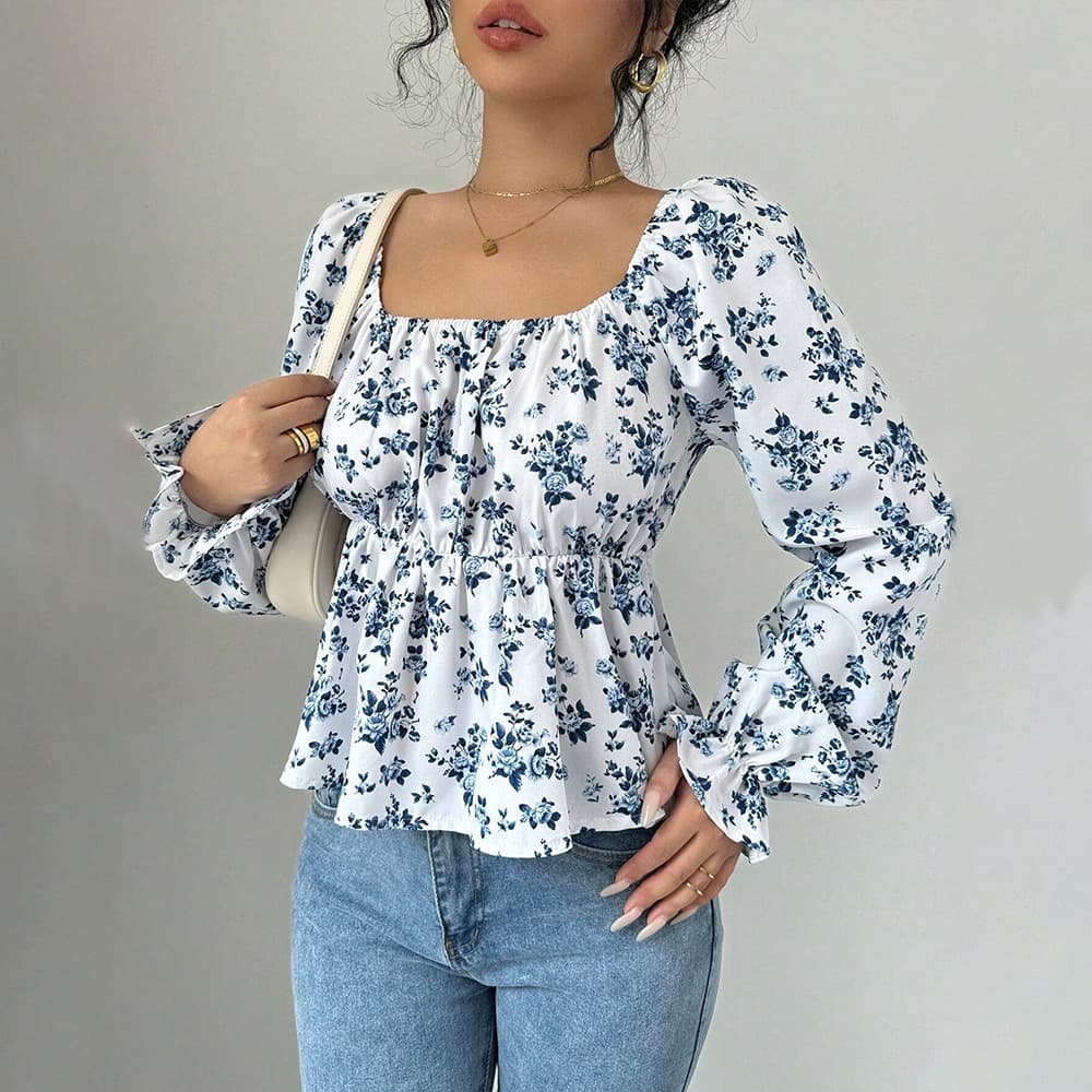Autumn And Winter Square Neckline Puff Sleeve Popular Floral Long Sleeve Top - White Blue, S