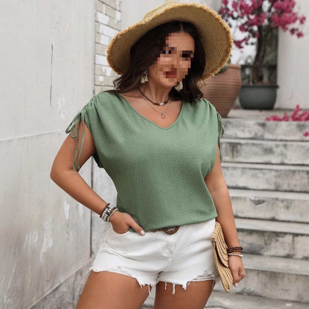 Womens V-neck Loose-fit Drawstring Short-sleeve Top - Green, 4XL