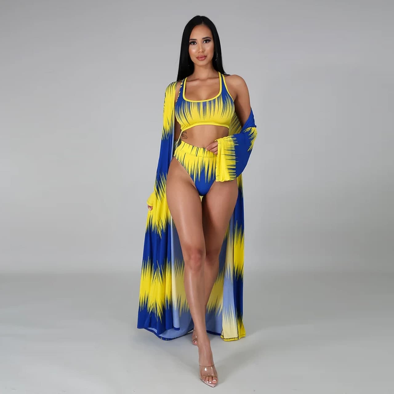 New Swimsuit Print Split Triangle Bikini Three-piece Set - Blue, 2XL