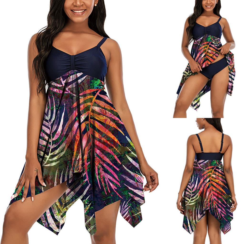Split Conservative Slim Fit Triangle Swimsuit - Leaves, 5XL