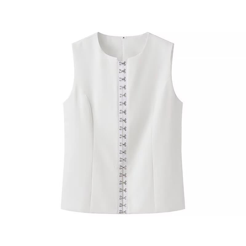 Fashion Single-breasted Round Neck Sleeveless Vest - White, S