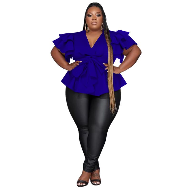 Women's Casual All-Match V-Neck Ruffle-Sleeve Pleated Blouse Top - Colorful Blue, 2XL