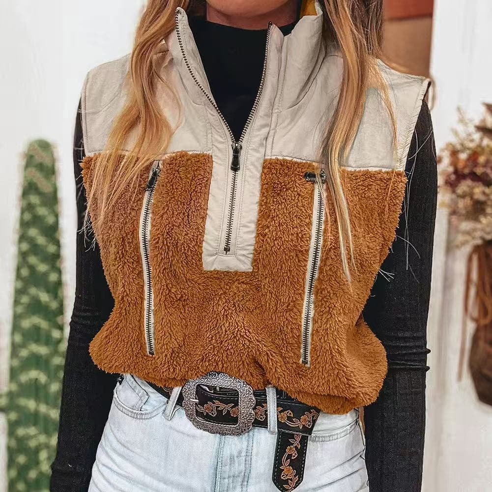Women's Casual Stand Collar Stitching Wool Vest - Chestnut, S