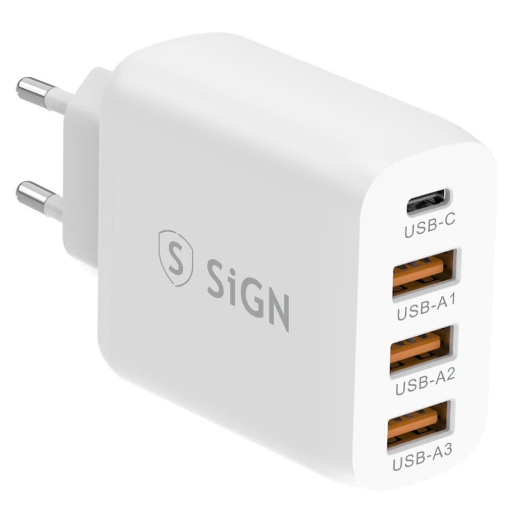 SiGN Hurtiglader USB-C og 3xUSB-A, PD og QC 3.0, 36W - Hvit