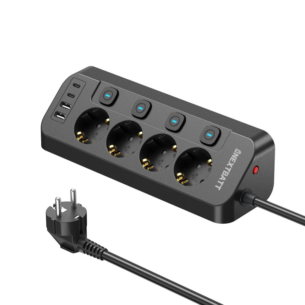 NEXTBATT snabbladings-stikkontakt 4-veis/2x USB-A/2x USB-C, 1,8m – svart