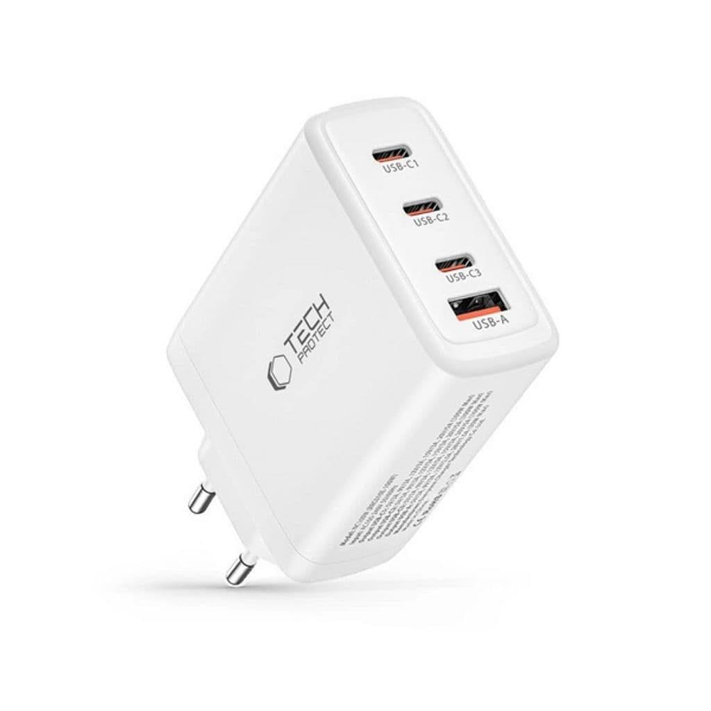 Tech-Protect Vegglader GaN 3x USB-C PD 100W / USB-A QC 3.0 - Hvit