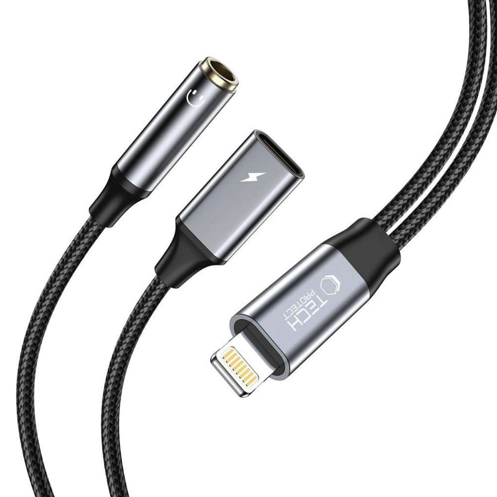 Tech-Protect Lightning til 3,5 mm AUX + Lightning (hunn) adapter - svart