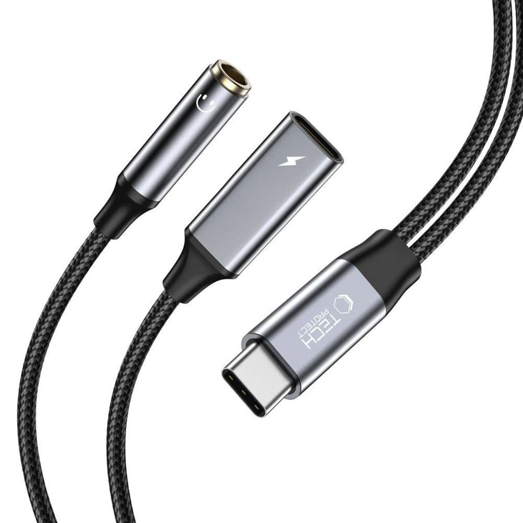 Tech-Protect USB-C PD 60W 6A til 3,5 mm AUX + USB-C (hunn) adapter – svart