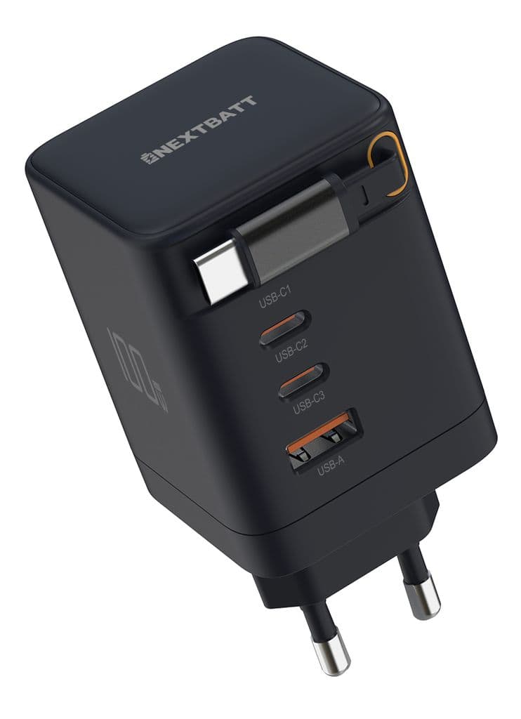 NEXTBATT 100W GAN hurtiglader med uttrekkbar USB-C-kabel – svart