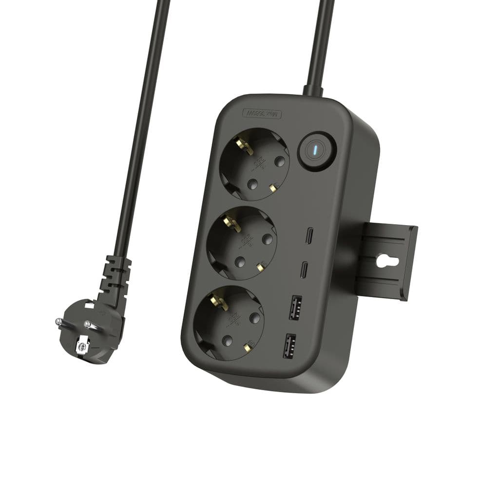 NEXTBATT Forgreningsskinne 3 stikkontakter 230V/2x USB-A/2x USB-C, 150cm