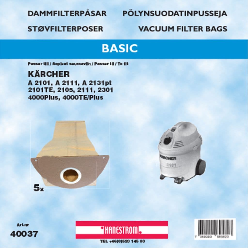 Kärcher A2101/A2101TE/A2111. etc. Støvfilterposer, 5 stk.