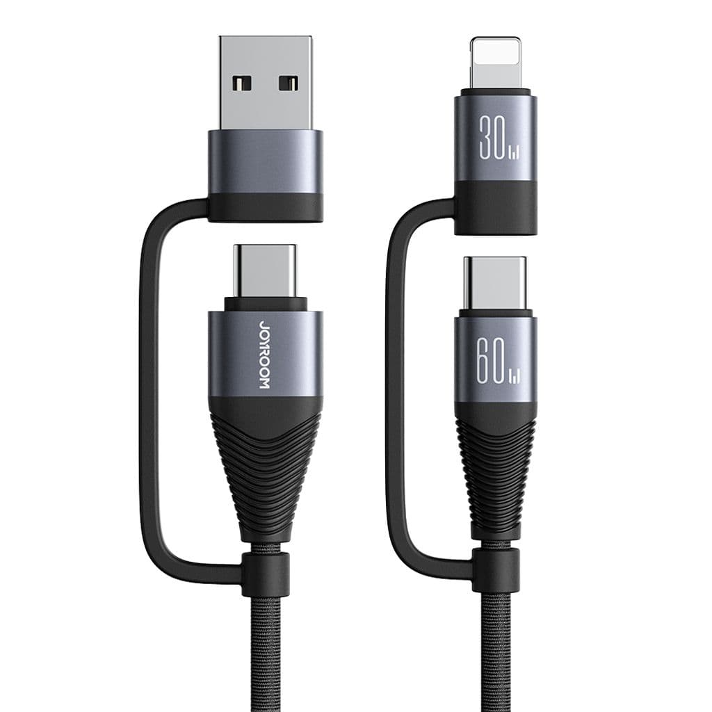 Joyroom 4-i-1 USB-A/USB-C til Lightning/USB-C-kabel 60W PD, 1,2m - Svart