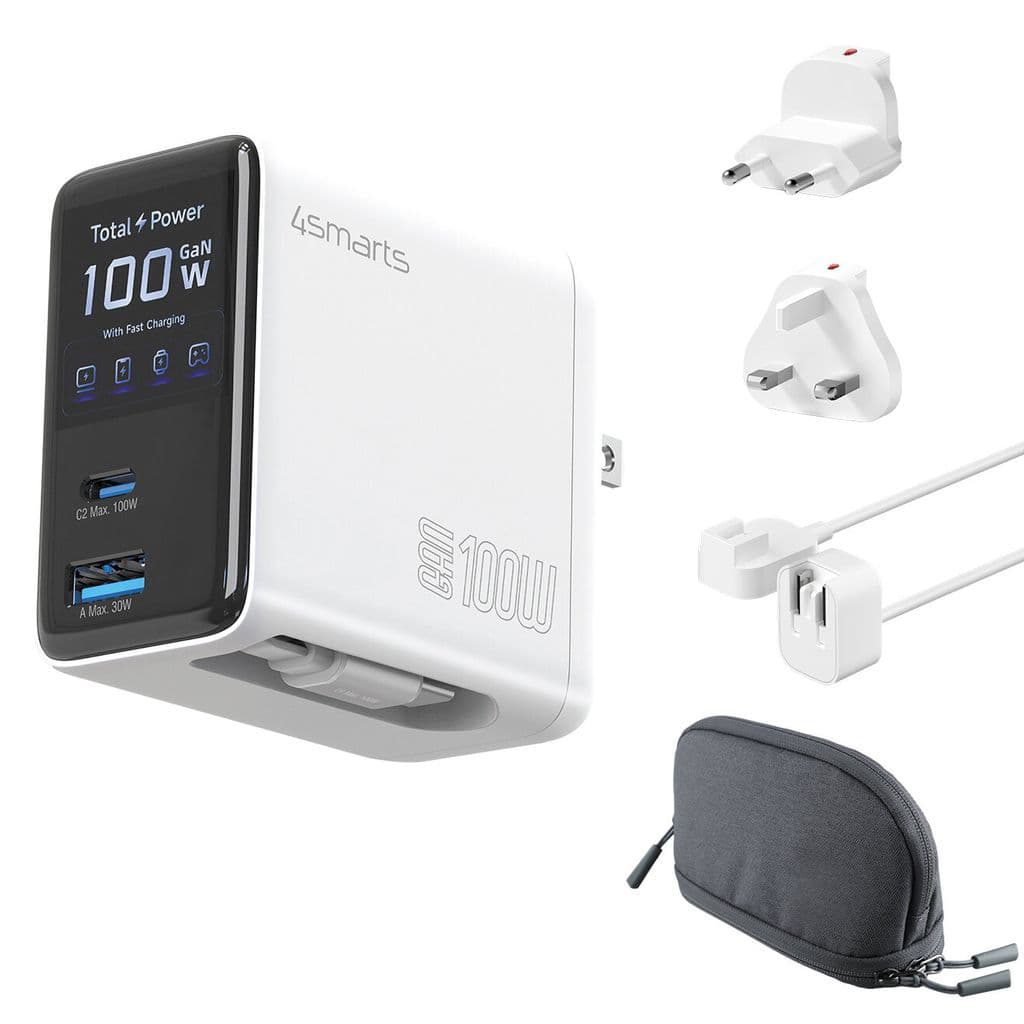 4Smarts GaN 100W reiseadapter/lader EU/US/UK til USB-C/USB-A + USB-C-kabel