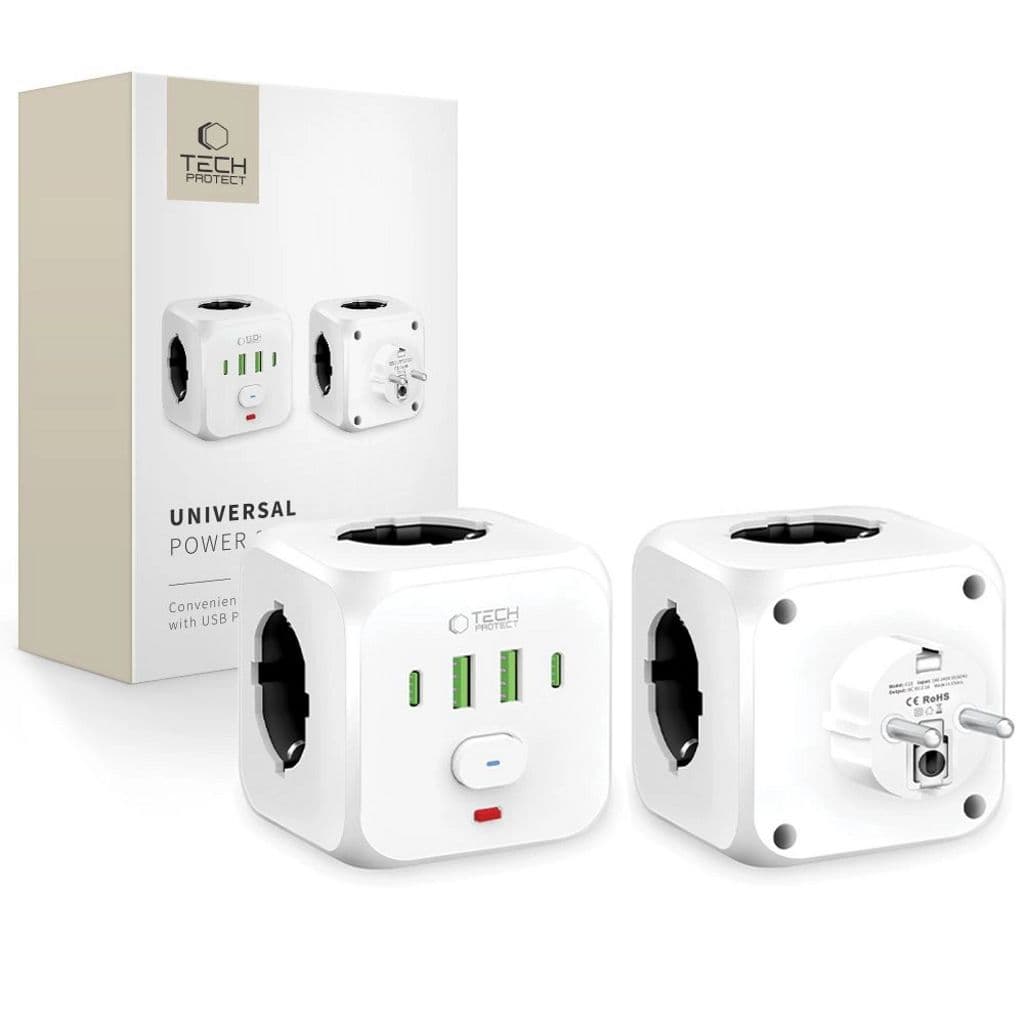 Tech-Protect PCL3x4-sokkel, 2x USB-A, 2x USB-C, 3x AC, 1-pakning - hvit