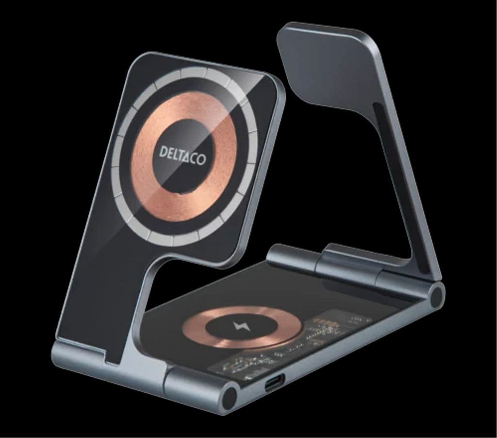 Deltaco 3-i-1 gjennomsiktig sammenleggbar trådløs lader med magnet, for iPhone, TWS og Apple Watch