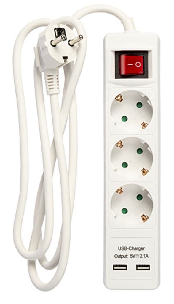 Strømuttak 3-veis kontakt med 2x USB, 1,5m