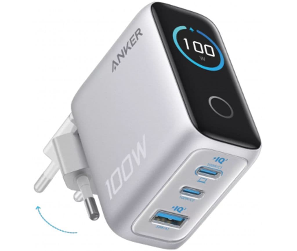 Anker Smart Display Vegglader 100W, 1x USB-A / 2x USB-C – Sølv