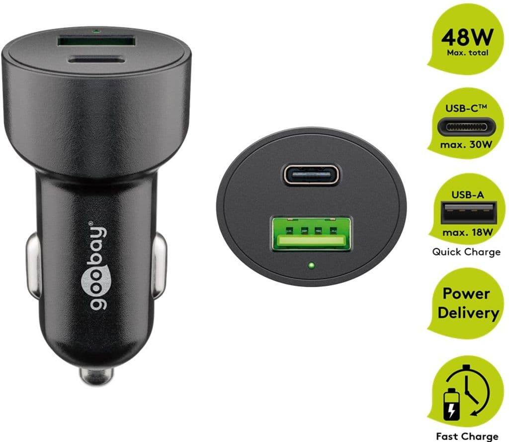 Goobay Dual USB bilhurtiglader USB-C PD, 48W