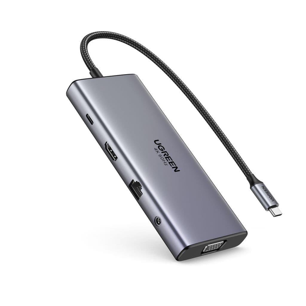 UGREEN 11-i-1 USB-C Hub til 3x USB-C/2x USB-A/HDMI/VGA/RJ45/SD/TF/3,5 mm - Grå