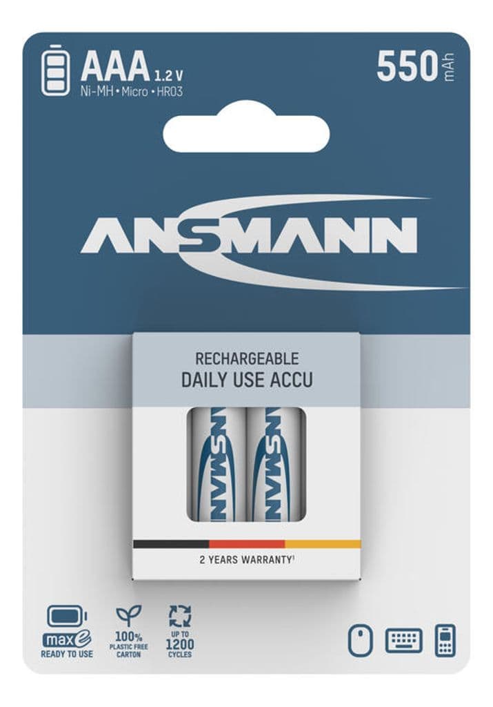 Ansmann 4-pakning oppladbare AAA-batterier Ni-MH 550 mAh