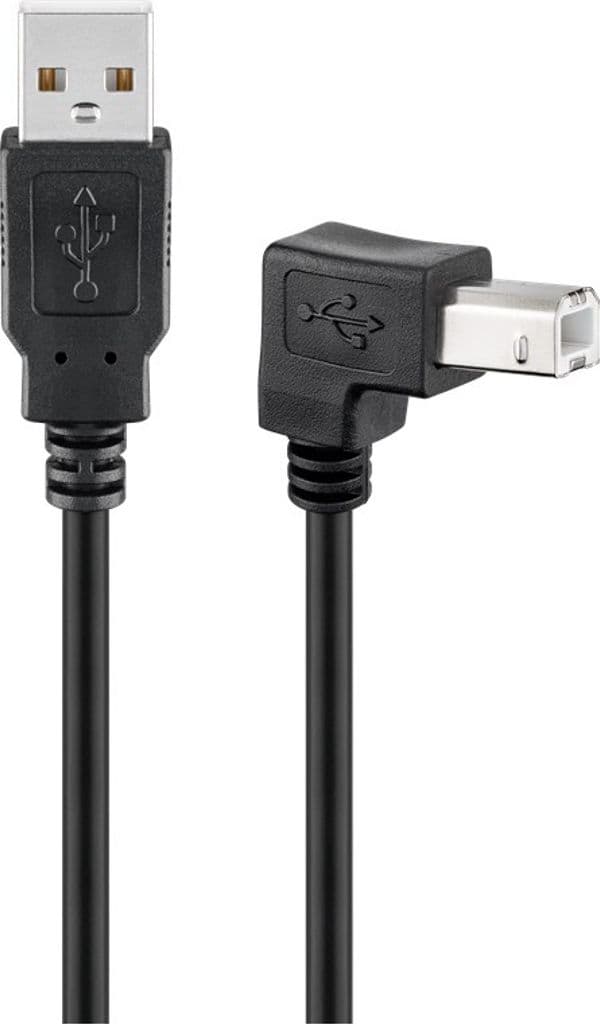USB 2.0 høyhastighets skriverkabel, 90° vinklet, 2 m - svart
