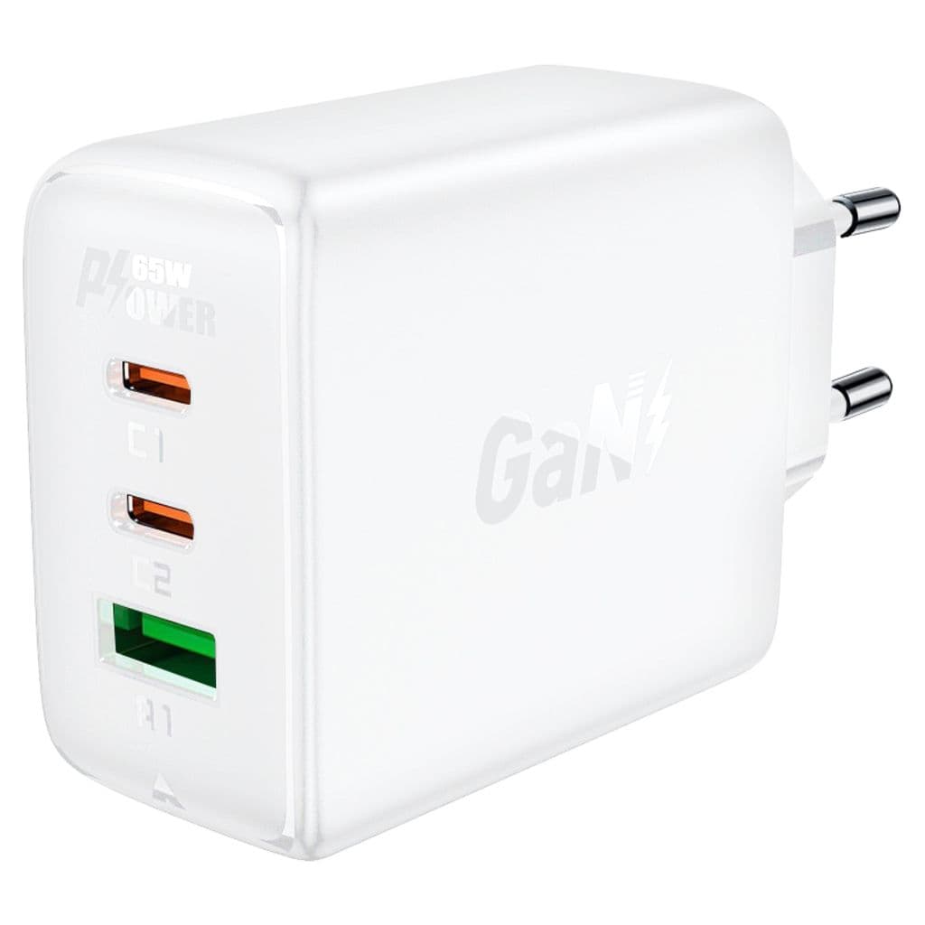 Acefast hurtiglader GaN 2x USB-C / USB-A, PPS, PD, QC4, 65W - Hvit