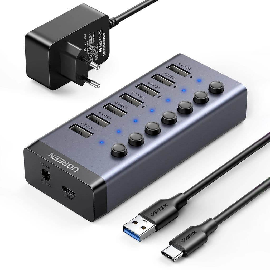 Ugreen Hub USB-C til 7x USB-A 3.0, PD, DC 12V - Grå
