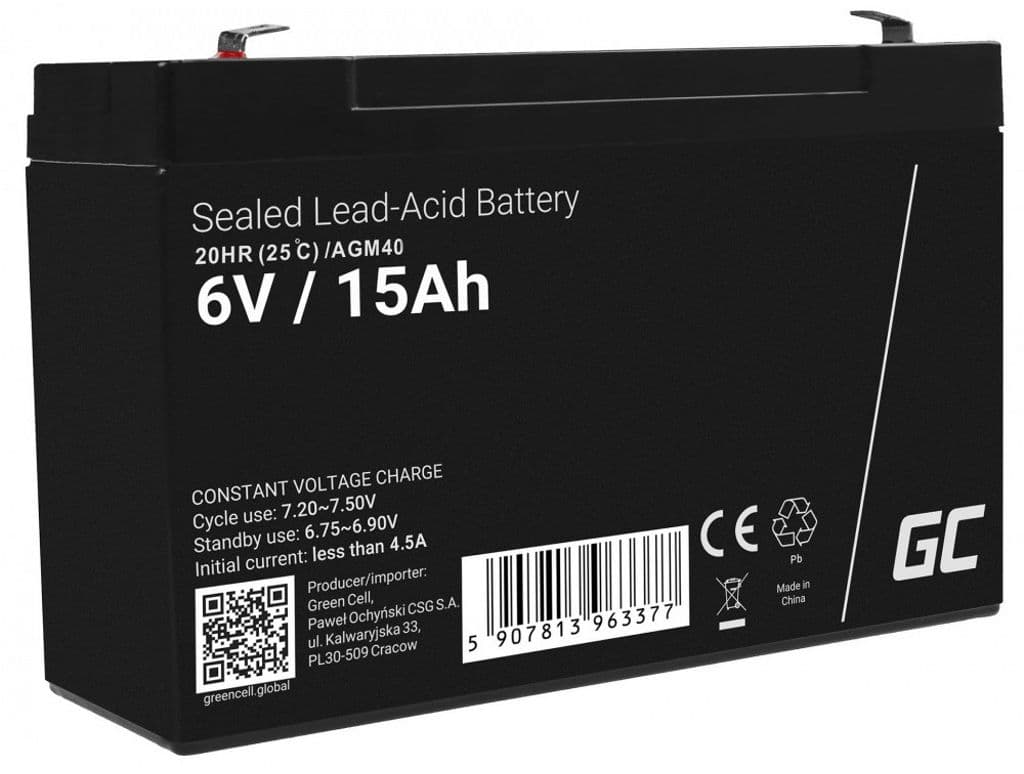 Green Cell AGM VRLA 6V 15Ah batteri for alarmsystemer, kasseapparater, leker